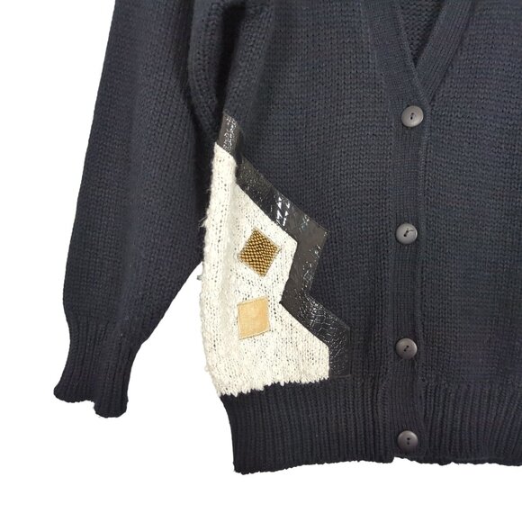 Jamie Scott Vintage Black Women Sweater Cardigan faux leather Rhinestones 90s - Picture 3 of 15
